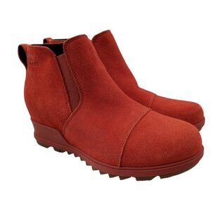 Sorel Evie Pull On Suede Wedge Boots Booties Size 8.5 Warp Red Ankle Chelsea